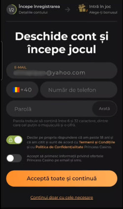 Introducerea adresei de e-mail și a numărului de telefon în formularul de înregistrare Princess Casino