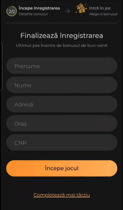 Introducerea datelor personale și a CNP-ului în formularul de înregistrare Princess Casino
