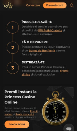 Pagina principală cu butonul de Creare cont la Princess Casino pe mobil
