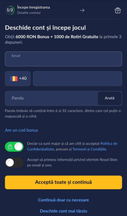 Pasul doi de înregistrare la Royal Slots Casino care îți cere să completezi adresa de e-mail, numărul de telefon și să creezi o parolă puternică.