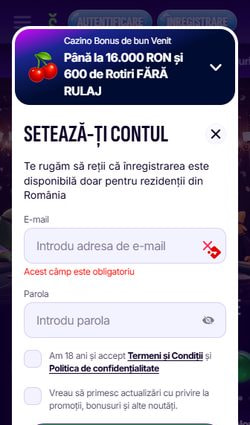Formularul de înregistrare Swiper Casino