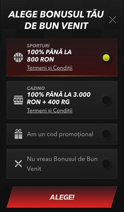 Alegerea bonusului de bun venit la înregistrarea pe TopBet Casino