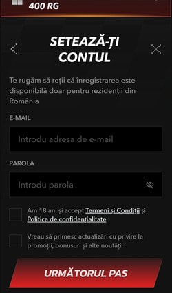 Formularul de e-mail și parolă pentru contul TopBet Casino