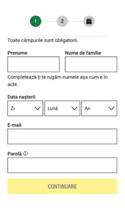 Pasul unu de înregistrare la Unibet Casino care îți cere să completezi pe spațiile libere cu nume și prenume, e-mail și parolă