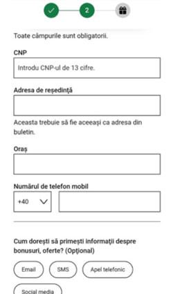 Pasul doi de înregistrare la Unibet Casino care îți cere să completezi codul numeric personal, adresă și telefon mobil