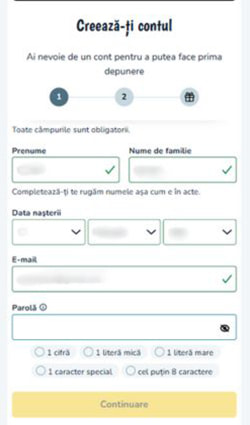 Pasul doi de înregistrare la Vlad Cazino care îți cere să completezi codul numeric personal, adresă și telefon mobil