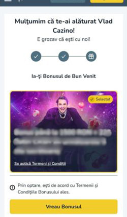 Pasul trei de înregistrare la Vlad Cazino care îți oferă bonusul