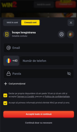 Introducere e-mail, număr de telefon și creeare parolă la Win2 Casino