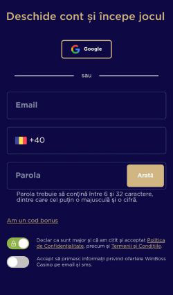 Pasul unu de înregistrare la WinBoss Casino care îți cere să completezi pe spațiile libere cu e-mail, CNP și parolă