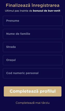 Pasul doi de înregistrare la WinBoss Casino care îți cere să completezi numele, prenumele, adresa și codul numeric personal