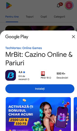 Pagina aplicației Mr Bit din Google Play, cu nota utilizatorilor și butonul de instalare