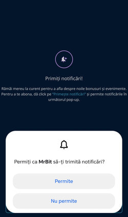 Aplicația solicită permisiunea de a trimite notificări la prima deschidere