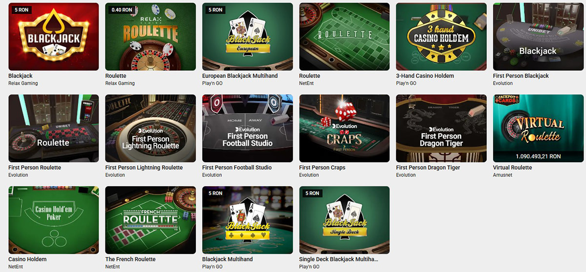 Selecția de jocuri de masă la Unibet Casino