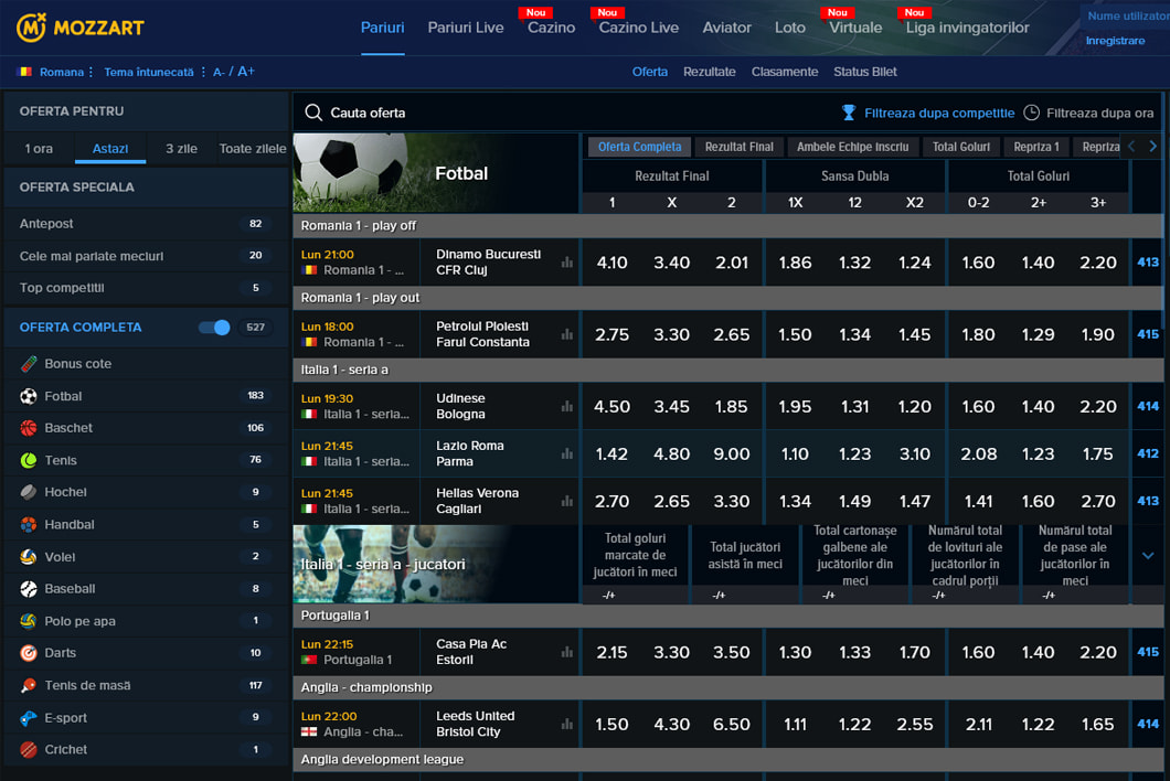 Oferta de pariuri sportive propusă de Mozzart.