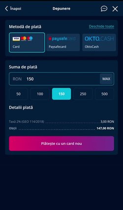 Depunere de 150 RON cu cardul, cu taxa de 2% afișată înainte de plată