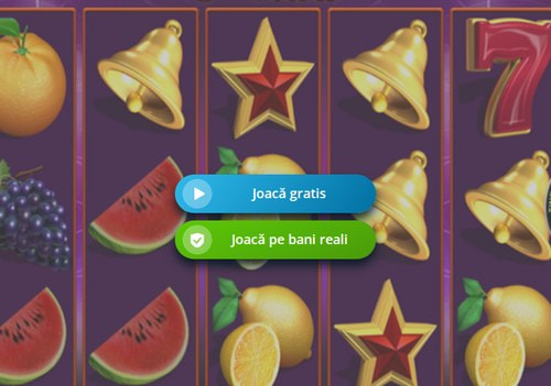 Slot rulat în modul demo, cu butoanele Joacă gratis și Joacă pe bani reali