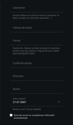 Prima pagină de înregistrare la Mozzart Casino, cu id-ul, numele, adresa de e-mail