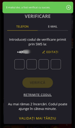 Ultimul pas de înregistrare, cu verificarea numărului de telefon și adresei de e-mail