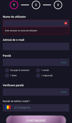Pasul 1 de înregistrare la Player Casino, completarea username, adresă de e-mail și parolă.