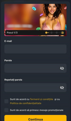 Pasul 1 de înregistrare la Prima Casino unde completezi e-mailul și parola