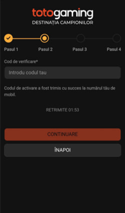 Pasul doi de înregistrare la TotoGaming Casino care îți cere să completezi codul de verificare