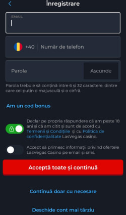 Câmpurile necesare pentru e-mail, număr de telefon, parola și consimțământul pentru acceptarea termenilor și condițiilor.