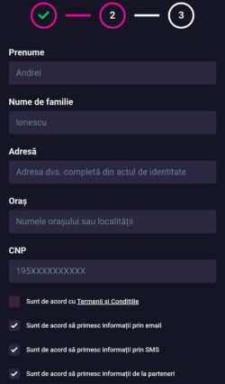Pasul 2 de înregistarare la Player Casino: nume, prenume, adresă, CNP.