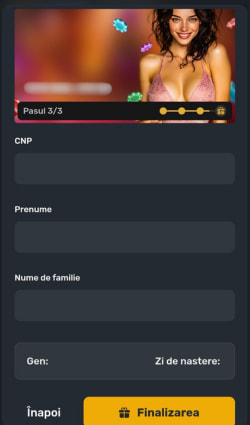 Pasul 3 de înregistrare la Prima Casino unde completezi CNP-ul și numele