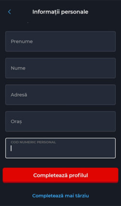 Câmpurile necesare pentru completarea profilului, respectiv numele, adresa de domiciliu și CNP-ul.