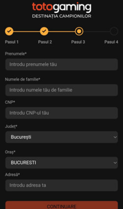 Pasul trei de înregistrare la TotoGaming Casino care îți cere să completezi nume, CNP, adresă