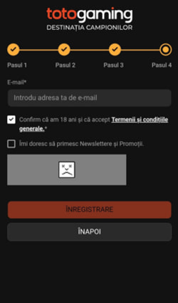 Pasul patru de înregistrare la TotoGaming Casino care îți cere să completezi adresa de e-mail