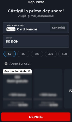 Metodele de plată ale cazinoului Las Vegas, bonusul la prima depunere și butonul pentru  activarea notificărilor pentru oferte.