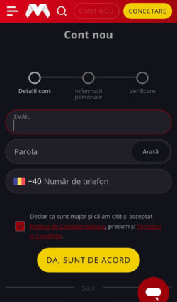 Primul pas de înregistrare cu e-mailul, numărul de telefon și parola