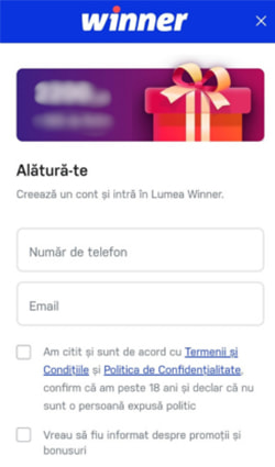 Crearea unui cont la Winner Casino - Pasul 1