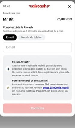 Pagina Aircash pentru reîncărcarea contului de joc, cu autentificare prin e-mail sau telefon