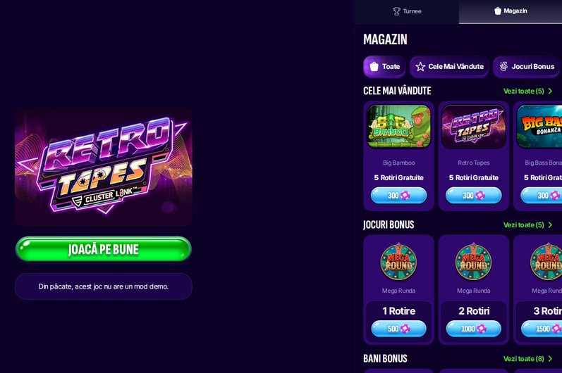 Slotul Retro Tapes pe Swiper, cu pachetul de 5 rotiri gratuite pentru 300 de puncte din Magazin