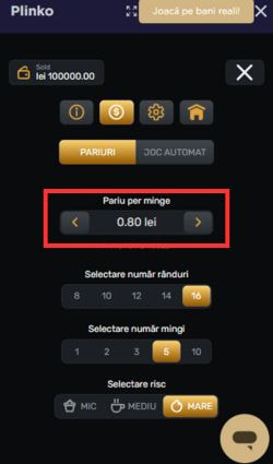 Căsuța pentru selectat pariul la jocul Plinko.