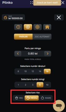Căsuța pentru selectat nivelului de risc la jocul Plinko.