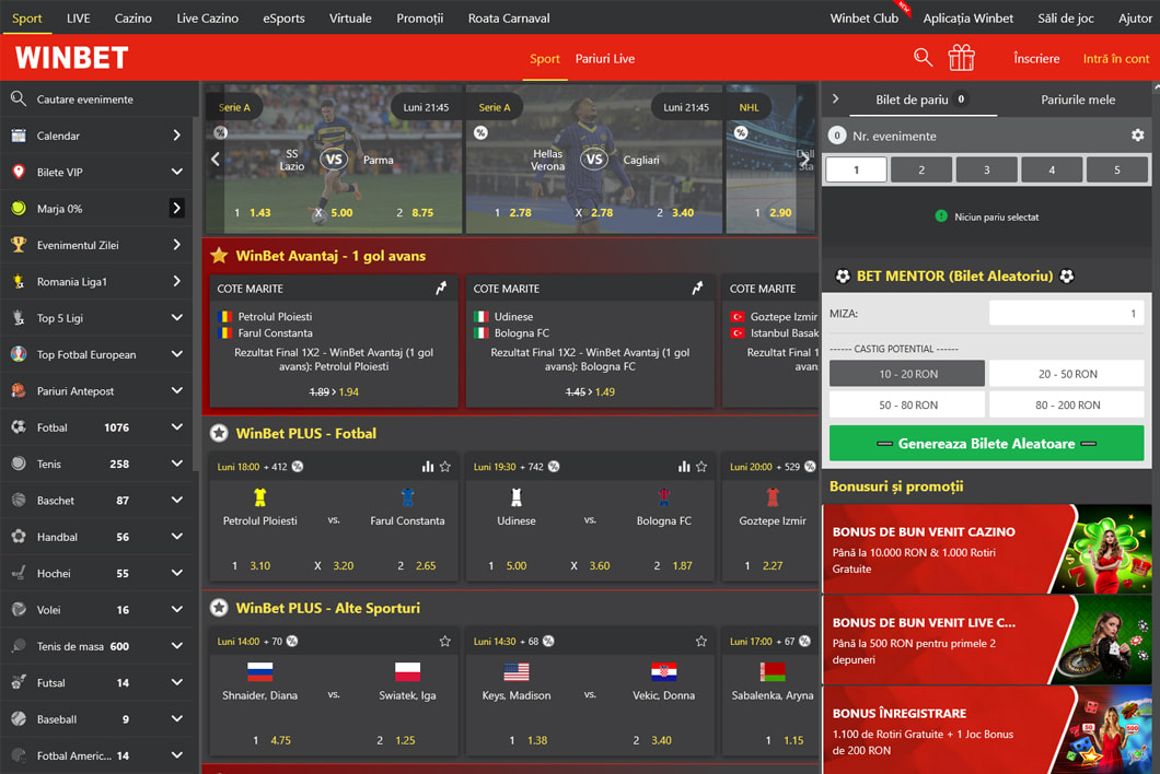 Oferta de pariuri sportive propusă de Winbet.