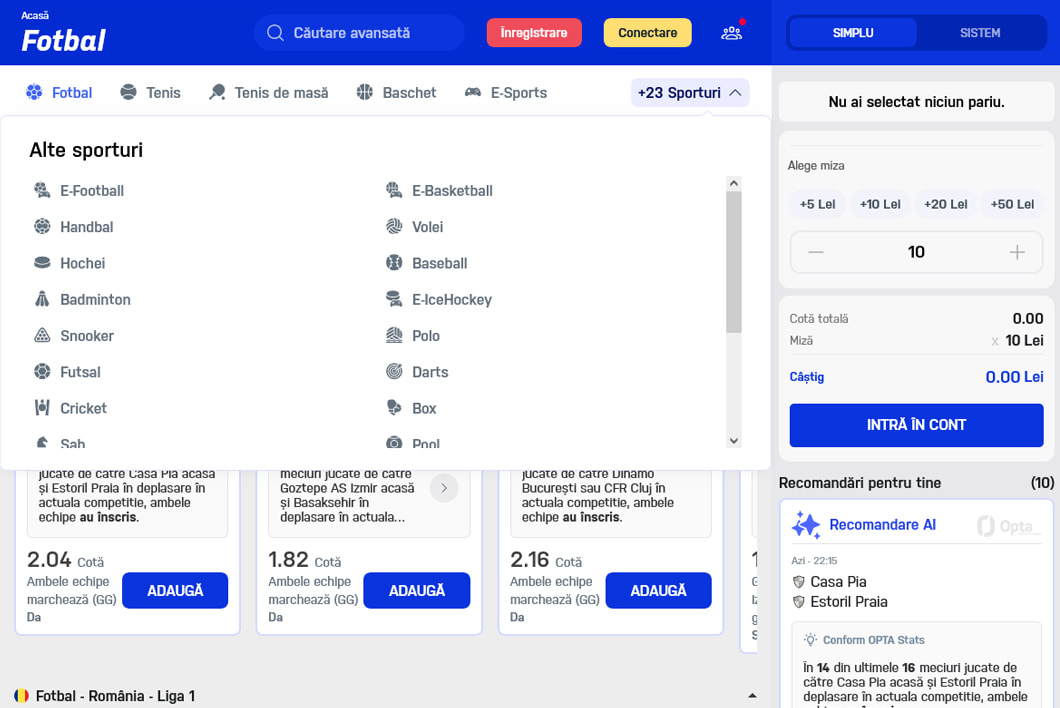 Sporturile disponibile în oferta de pariuri propusă de Winner.