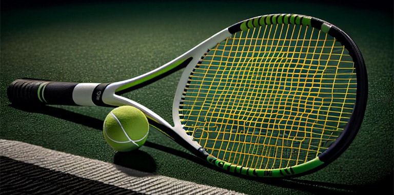 Rachetă și mingie de tenis pe zgură verde