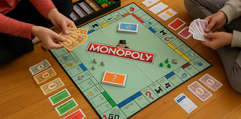 Două persoane jucând o partidă de Monopoly