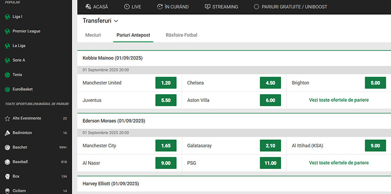Oferta de pariuri pe transferuri de la Unibet