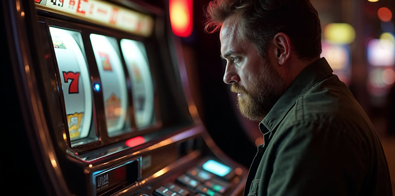 Bărbat în fața unui aparat de păcănele