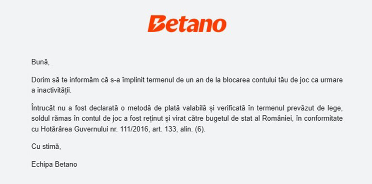 Informare trimisă de Betano pentru dezactivarea contului de jucător
