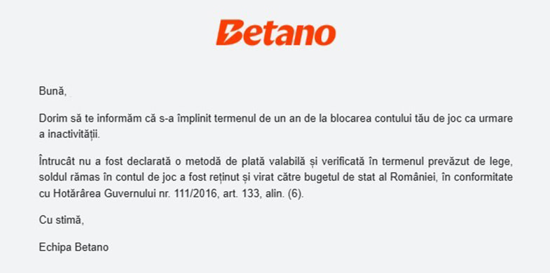 Informare trimisă de Betano pentru dezactivarea contului de jucător