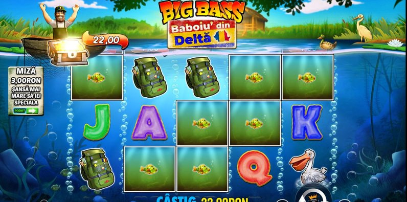 Slotul Big Bass – Baboiu' din Delta, cu pescarul în barcă, pelican și pești pe role