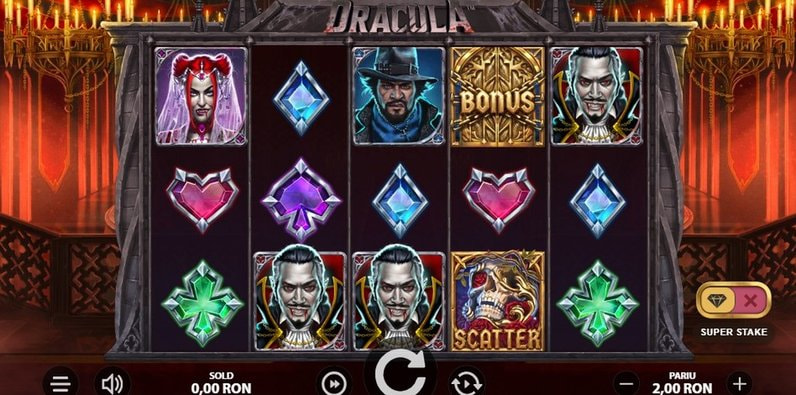 Slotul Dracula de la Stakelogic, cu contele, vânătorul de vampiri și simbolurile scatter și bonus