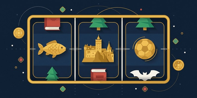 Role de slot cu castel din Transilvania, pește și minge de fotbal, simbolurile sloturilor cu tematică românească