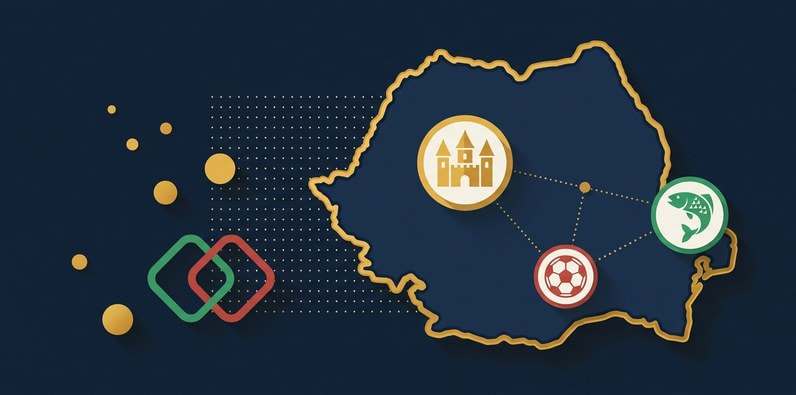 Harta României cu simbolurile sloturilor cu tematică românească: castel în Transilvania, pește în Delta Dunării și minge de fotbal